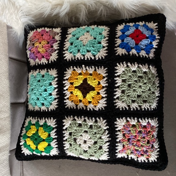 Hand crafted! Boho Granny square crochet retro cushion! Colourful 17”x17” - Picture 3 of 17